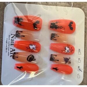Halloween Neon Orange Press‎ On Nails With White Ombré